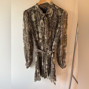 Tie-Neck Long Sleeve Floral Dress in Olive Green